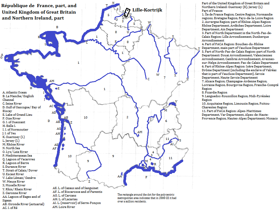 map showing part of the République de France, and part of the United Kingdom of Great Britain and Northern Ireland, 2000 CE